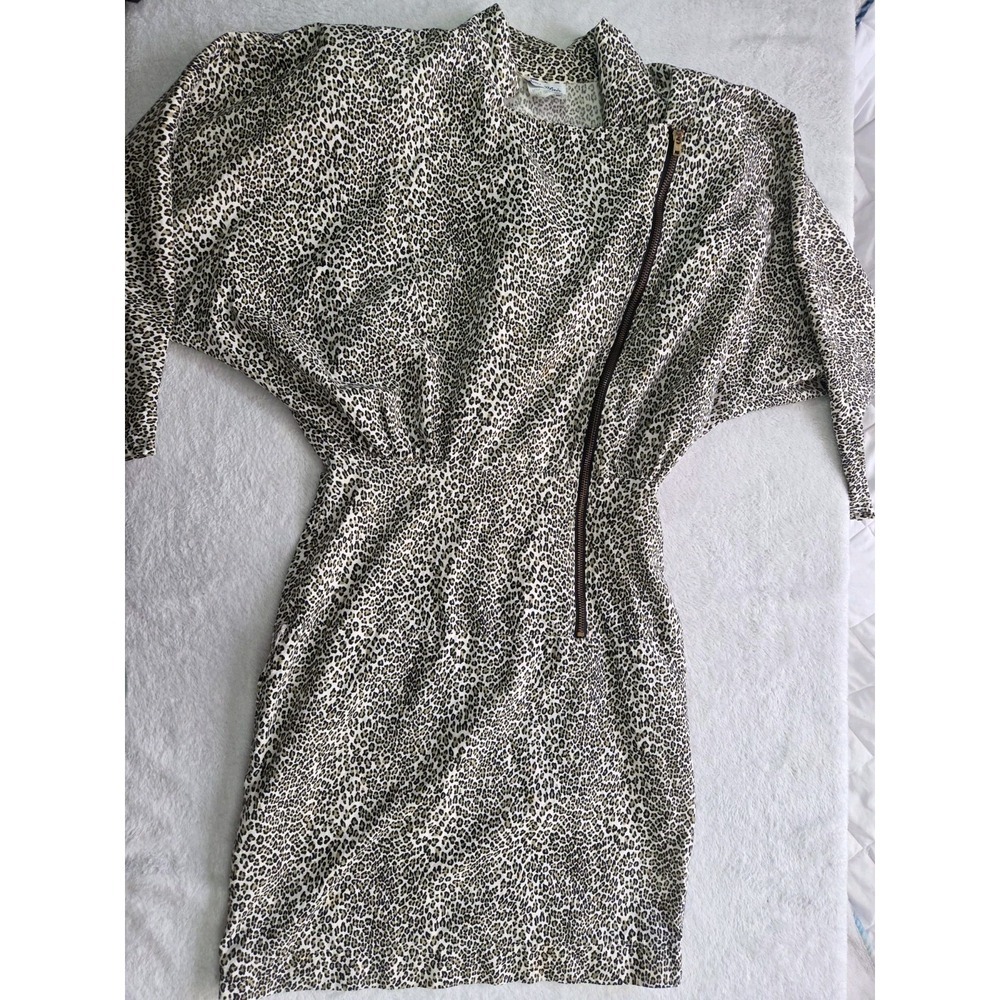 Vintage Joni Blair Leopard Dress Size 7 Front Zip Long Sleeve Made USA Cotton